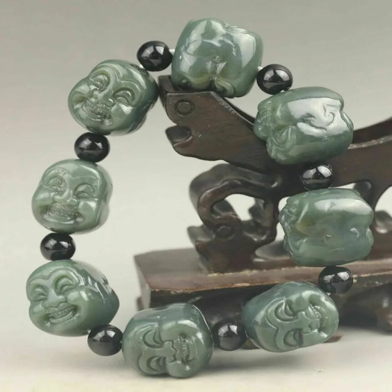 

China Natural Hetian Jade Bangle Chinese Jade Double Buddha Old Beads Bracelet