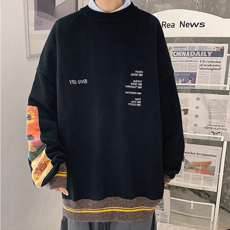 Oversize Sweater Male 2022 Ins Harajuki Retro Cotton  Jumper Knit Sweter Loose Pullover Men Van Gogh Knitted Sweater Men Vintage