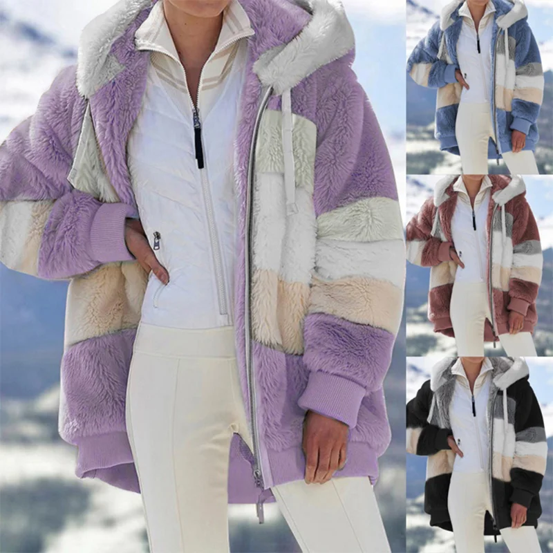 

2022 New Coat Women's Autumn and Winter Loose Plush Coat Stitching Hooded Cardigan Women's Casual Fashion Coat 5XL