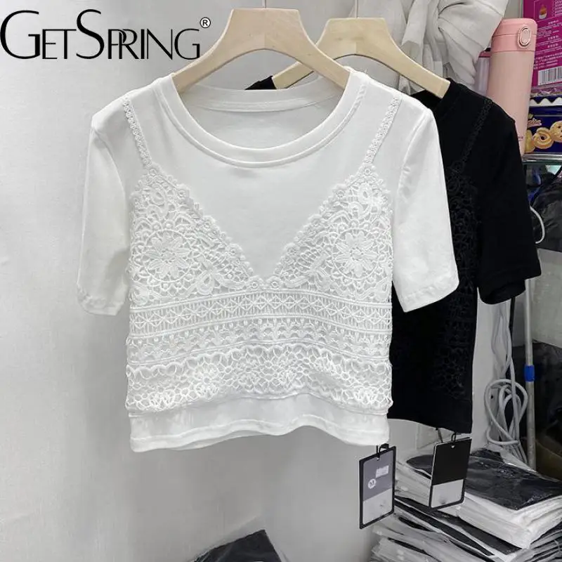 

GetSpring Women T Shirt White Round Neck Short Sleeve Lace Splicing Fake Two Tshirt Fashionable All Match Summer Tops 2022 New