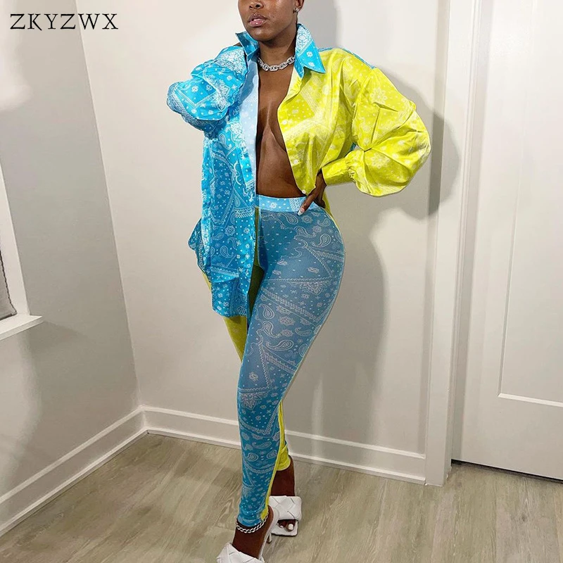 

ZKYZWX Two Piece Set Women 2021 Fall Clothes Bandana Print Shirt Mesh Leggings Sweat Suits Rave Outfit Birthday Matching Sets