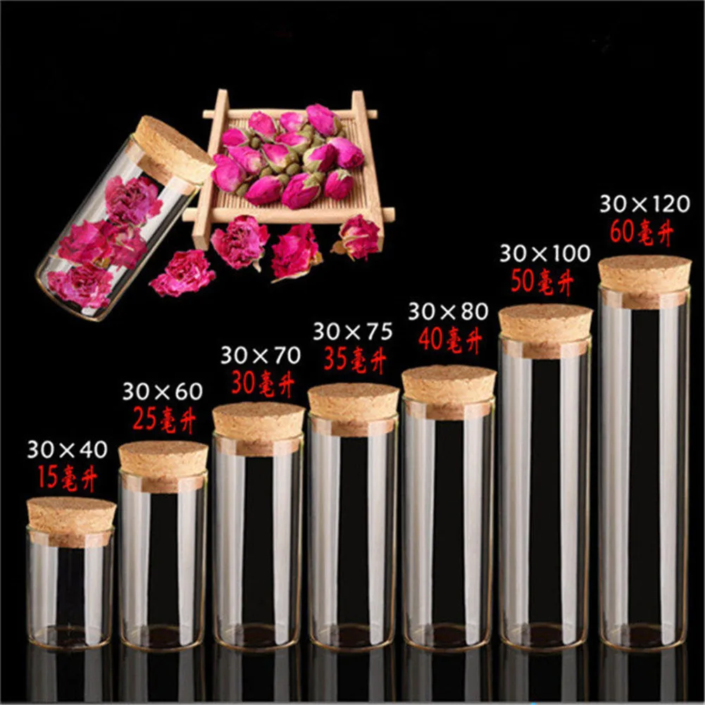 

10ml/15ml/20ml/25ml/30ml/40ml/50ml/60ml/80ml/100ml/110ml Small Glass Test Tube with Cork Stopper Bottles Jars Vials 24 Pieces
