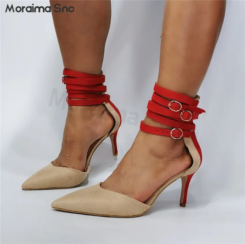 

Women's Apricot Glitter High Heels Pointy Large Size Stiletto Women's Shoes Red Multi-Layer Thin Strap Buckle Fashion Pumps