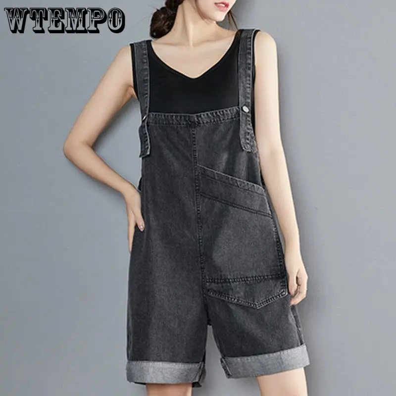 WTEMPO Denim Suspender Shorts for Women Summer Fashion Street Wear Korean Version Loose Sweetwear Student Versatile Capris