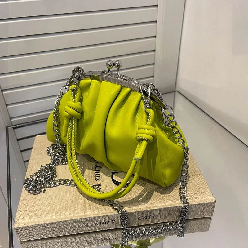 

Green Lock Clip Bag for Women Soft Pu Shoulder Crossbody Bag Fashion Pleated Handbag Ladies Chain Hobos Shopper Underarm Bag Ins