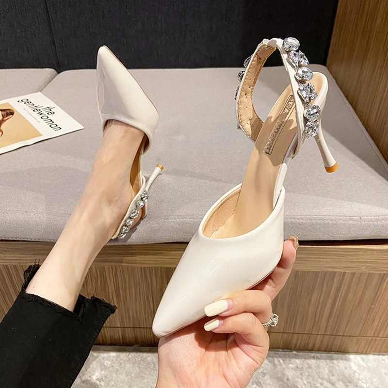 

Backsling Crystal Band High Heels Sandals Women Pointed Toe Japanned Leather Summer Pumps Sexy Cutout Thin Heel Sandalias Mujer