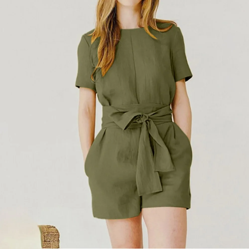 

Summer Commuting Vintage Solid Overalls Women Summer Jumpsuits Short Sleeve Playsuits Belted Female Lace Up Short Pants Pantalon