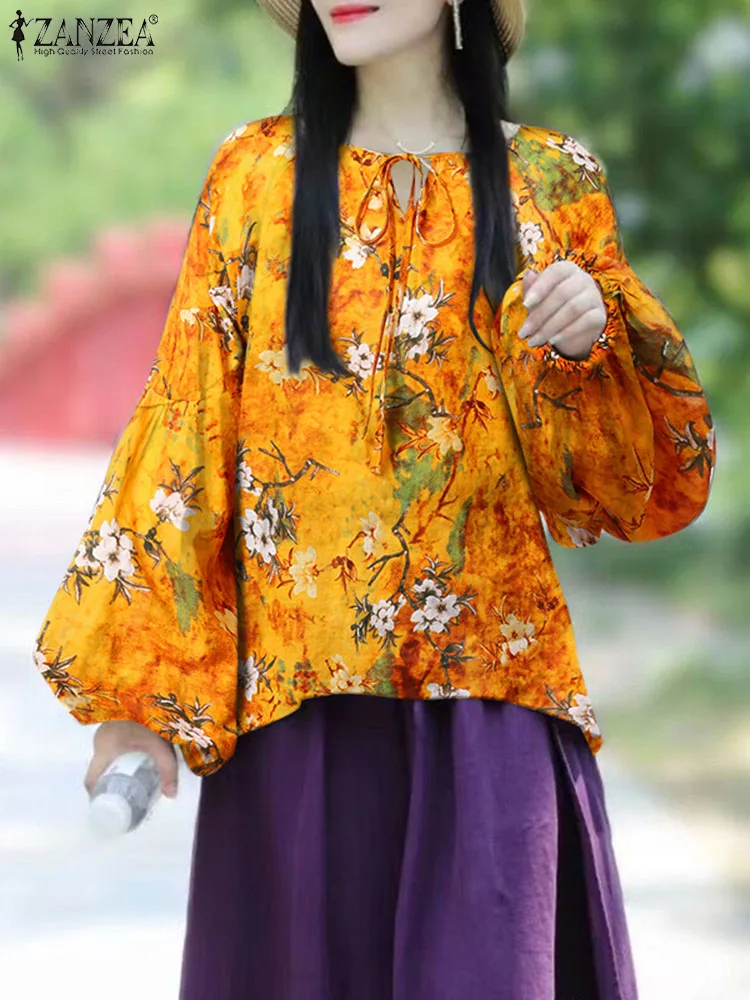 

ZANZEA 2022 Autumn O Neck Top Women Fashion Floral Print Blouse Holiday Lantern Long Sleeve Shirt Casual Loose Cotton Linen Tops