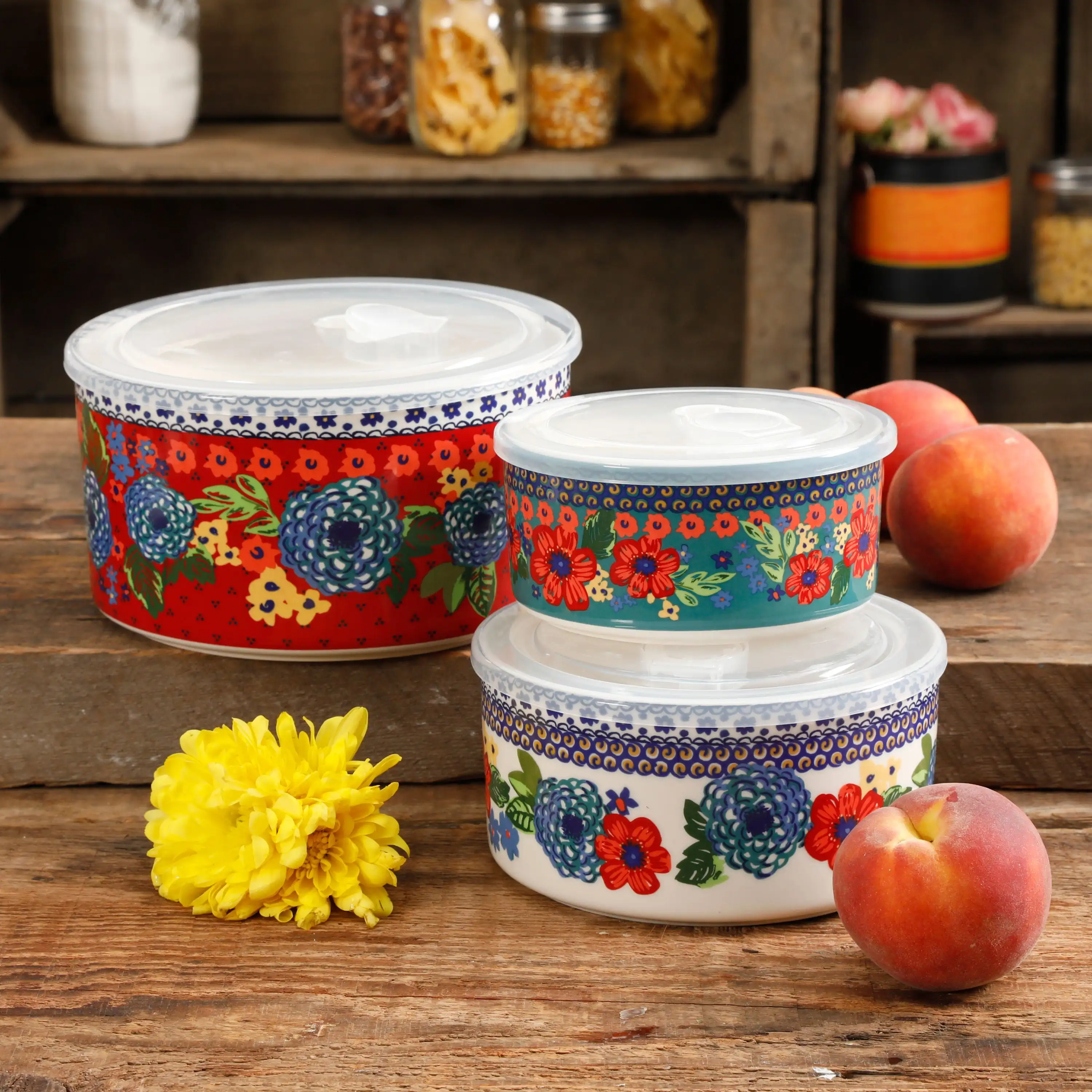 

Dazzling Dahlias 6-Piece Ceramic Bowl Set with Lids