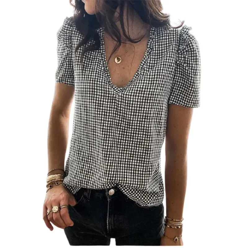 

flounce lattice Sexy V Neck Ruffle Short Sleeve Plaid Blouse Tops Summer Fashion Women Streetwear Blusas Tops