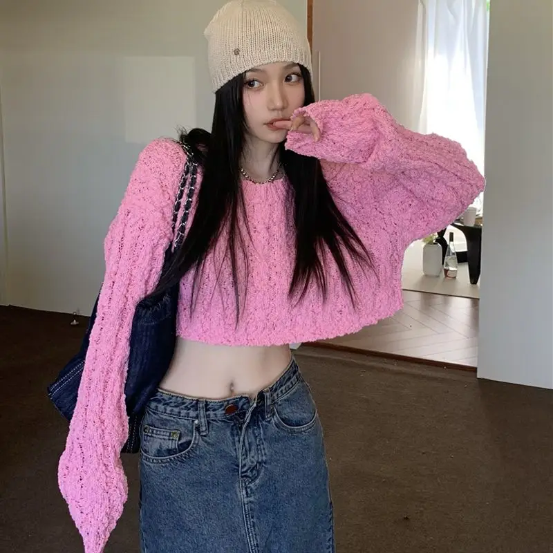 Женский трикотажный свитер с длинным рукавом свободный Однотонный круглым