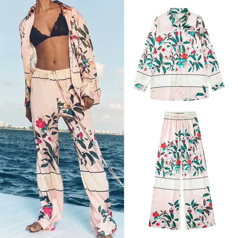 

2022 Spring Women Long Sleeve Lapel Flower Print Shirt High Waist Elastic Waist Lacing Wide Leg Pants Two Piece Suit HH6739