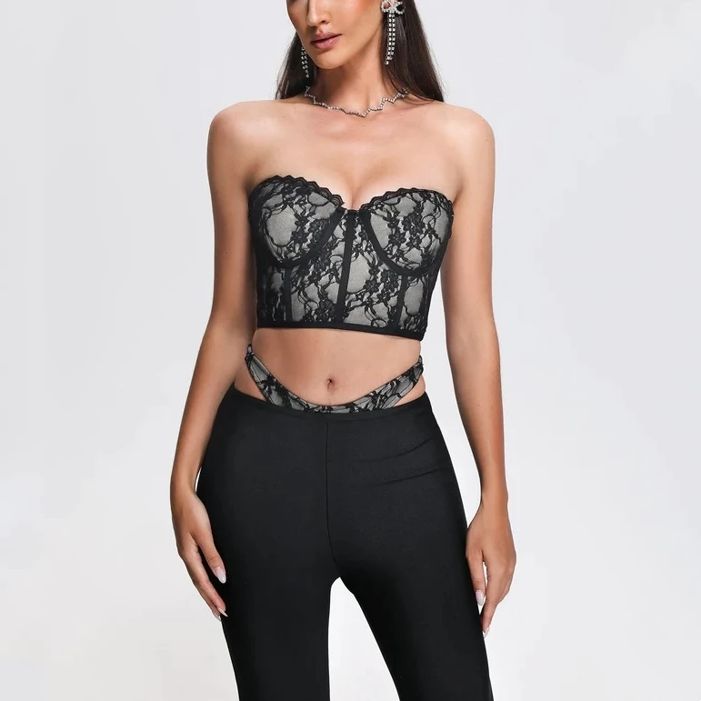 

Новое поступление, черного цвета, женский сексуальный облегающий костюм без бретелек из двух частей, кружевные лоскутные мини-топы, бандажные длинные брюки, вечерние костюмы