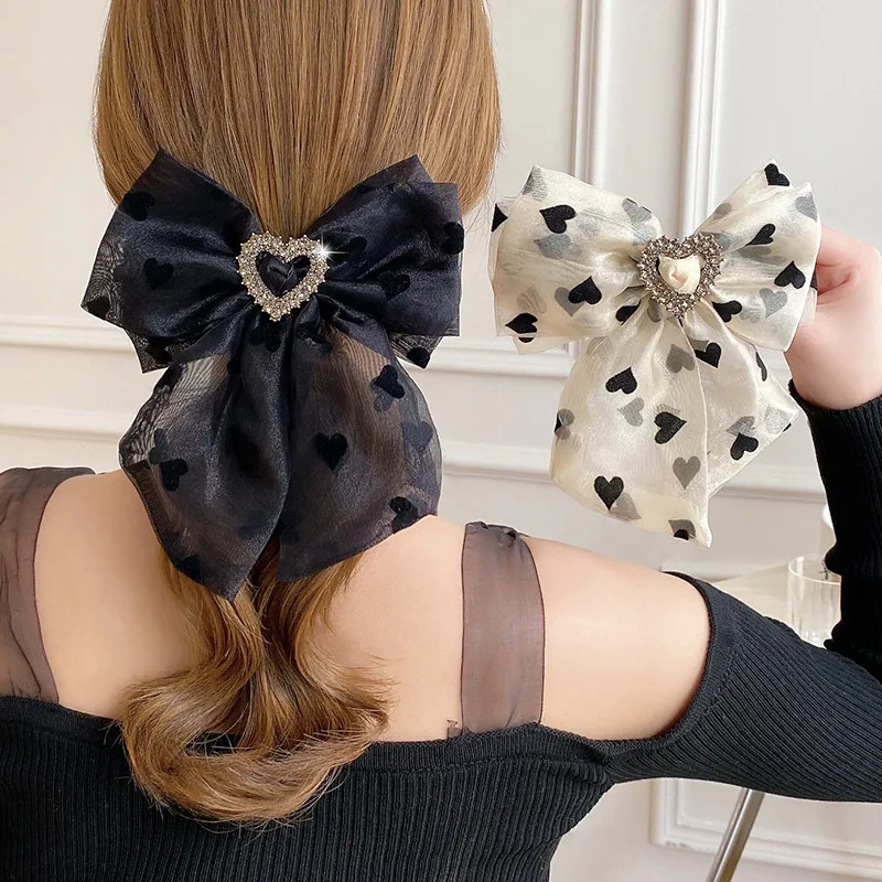 

2022 New Fashion Heart Print Mesh Hair Clip Barrettes Summer Big Bow Hairpins Headwear Hair Accessories For Women Girls