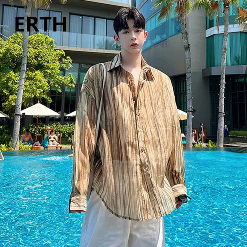 

Рубашка ERTH Мужская сетчатая в полоску, Повседневная модная блуза с длинным рукавом, в Корейском стиле, лето 2023