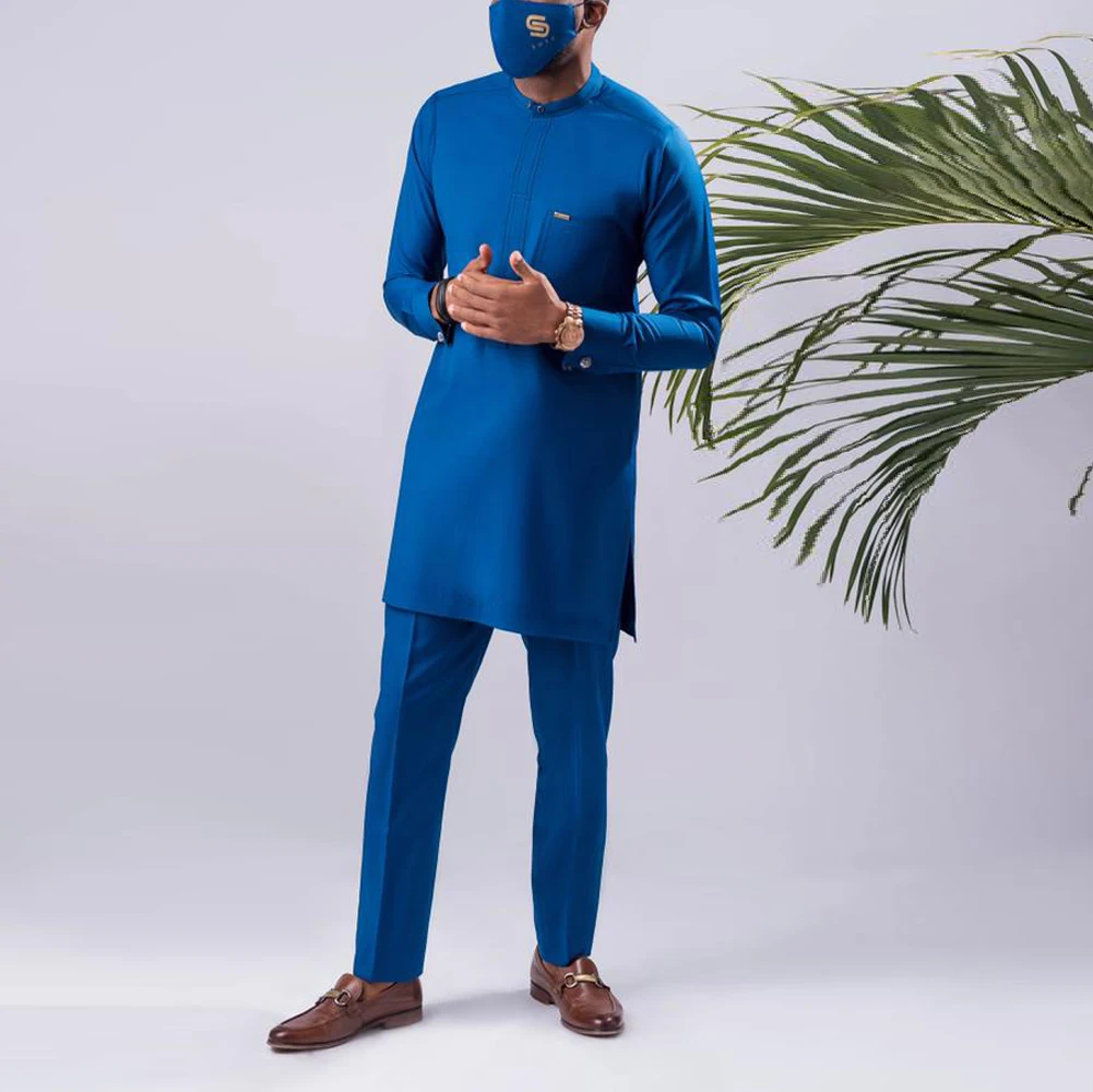 Men's Suit African National Style Long-sleeved Round Neck Blue Top and Pants Two-piece Spring and Summer Party Banquet Gentleman
