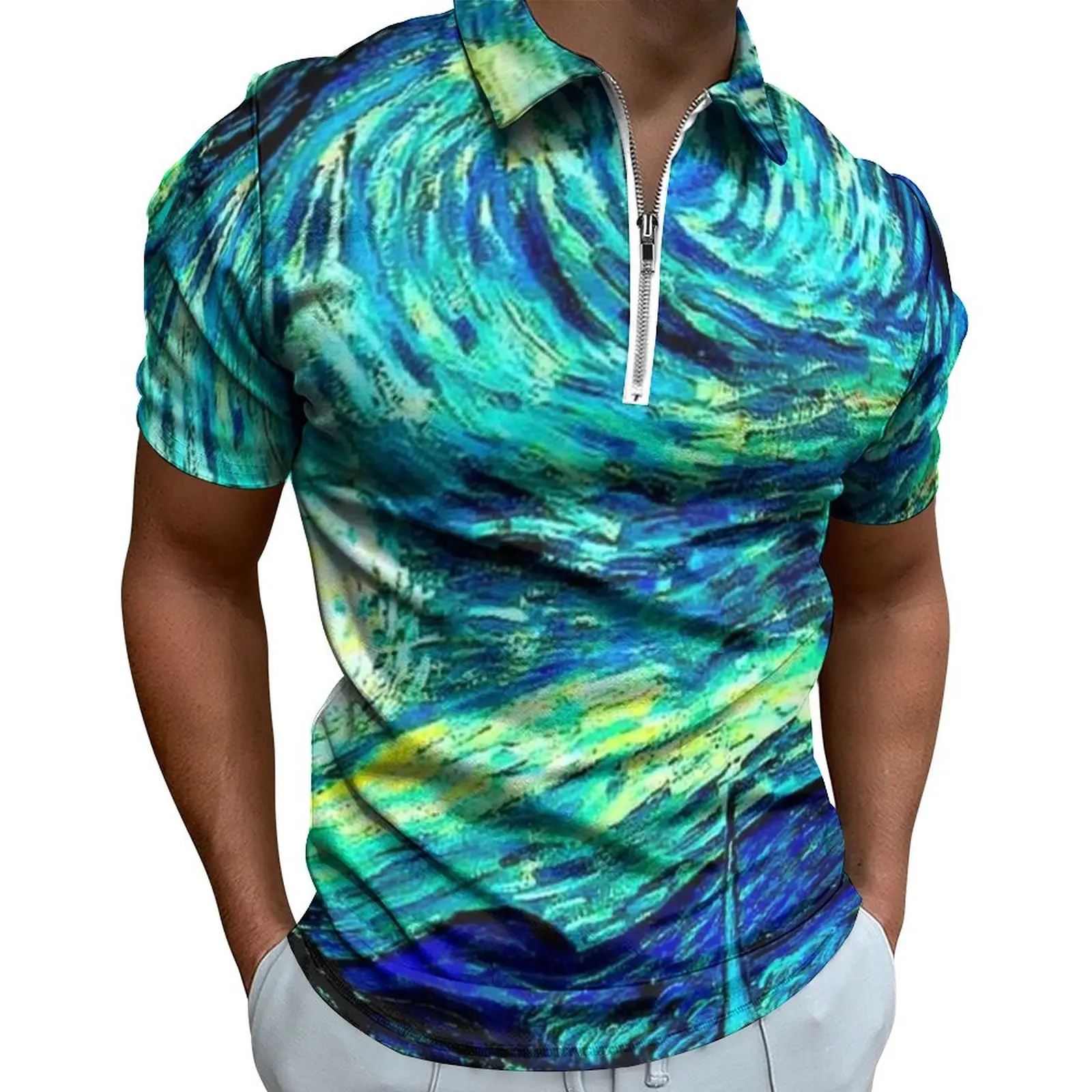 

Рубашка-поло с принтом гор, звездная ночь, Винсент Ван Гог, Повседневная рубашка, модные футболки на молнии, дизайнерская одежда оверсайз