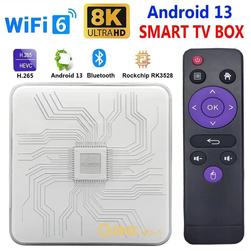 

Q96 HD-1 домашний кинотеатр 8K UHD ТВ-приставка H.265 WIFI 6 Android 13 смарт-ТВ четырехъядерный Rockchip RK3528