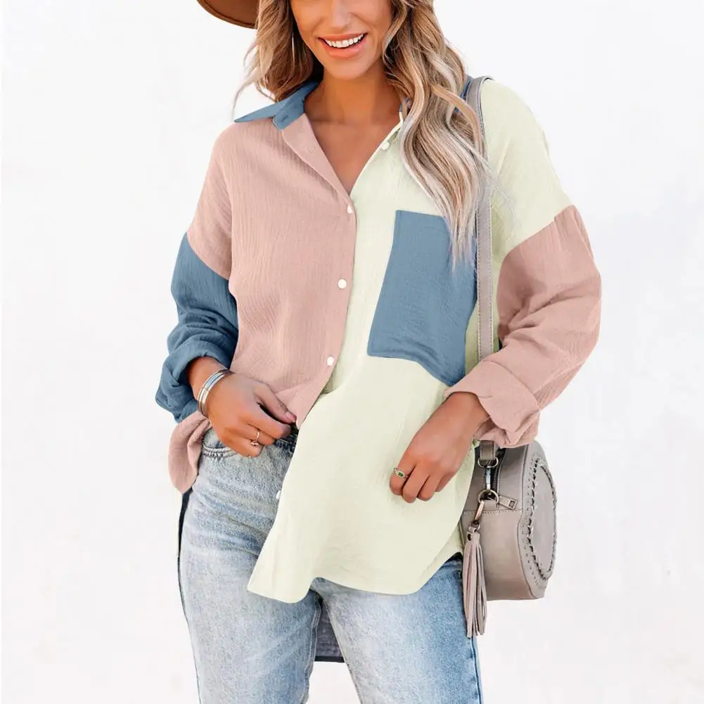 

Versatile Amazing Spring Autumn Stitching Color Loose Cardigan Shirt Lightweight Lady Shirt Turn-Down Collar Streetwear
