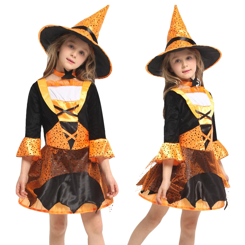 

2023 Disguise Witch Costume for Girls Halloween Knee Dress with Hat Broom Pantyhose Kids Carnival Cosplay Party Outfit