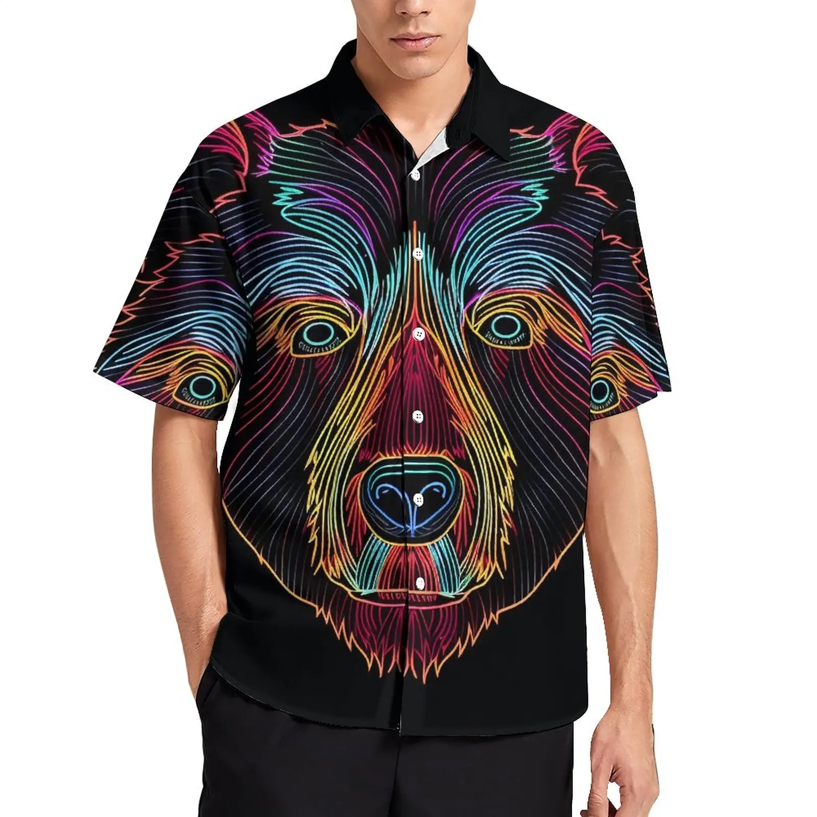 

Bear Casual Shirt Line Art Neon Beach Loose Shirt Hawaiian Y2K Blouses Short Sleeve Custom Oversize Clothing