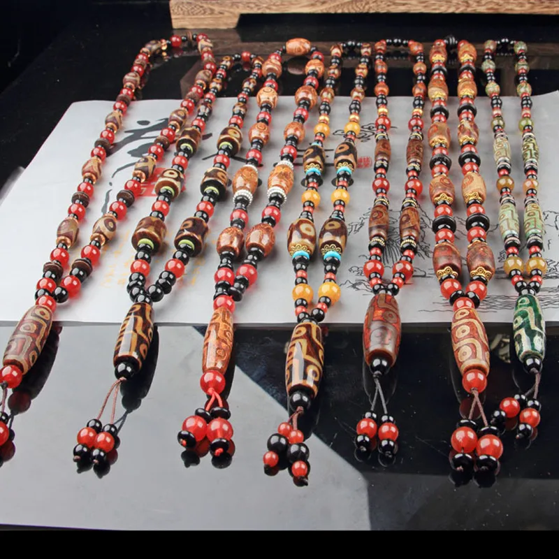 

Natural Stone Beaded Necklace Dzi Bead Long Pendants Tibetan Ethnic Style Agate Necklace For Men Women Handmade Jewelry Gifts