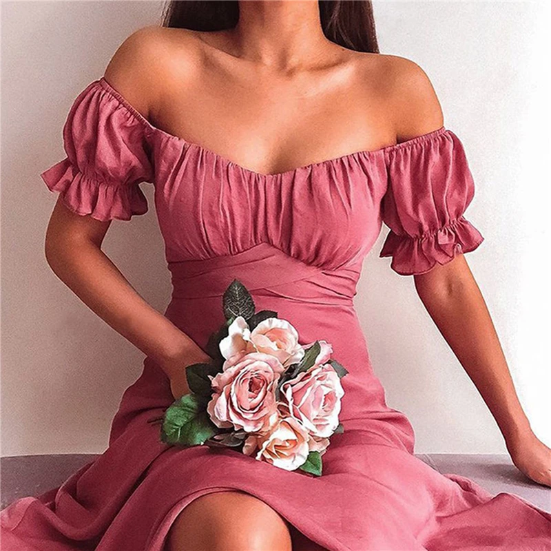 

Temperament Solid Color Pleated V-neck Sexy Elegant Long High Waist Dress Bubble Sleeve French Gown Maxi Party Club Dresses