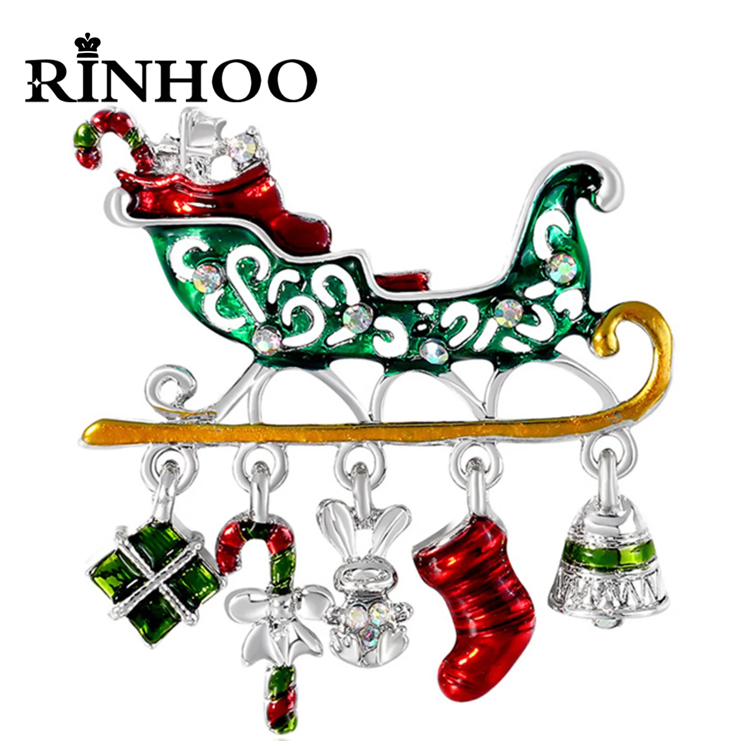 

Rinhoo Creative Enamel Christmas Gift Car Brooches Sleigh Crutch Socks Bells Gift Box Tassel Lapel Pins For Women Xmas Jewelry