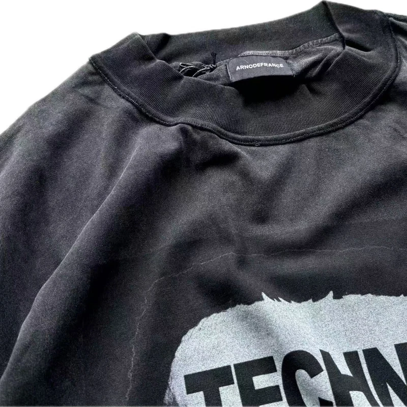 Arnodefrance Loose Shirt Hip Hop Punk Vintage Square Face Print Washed Do Old Illustrated Round Neck Casual T-shirt