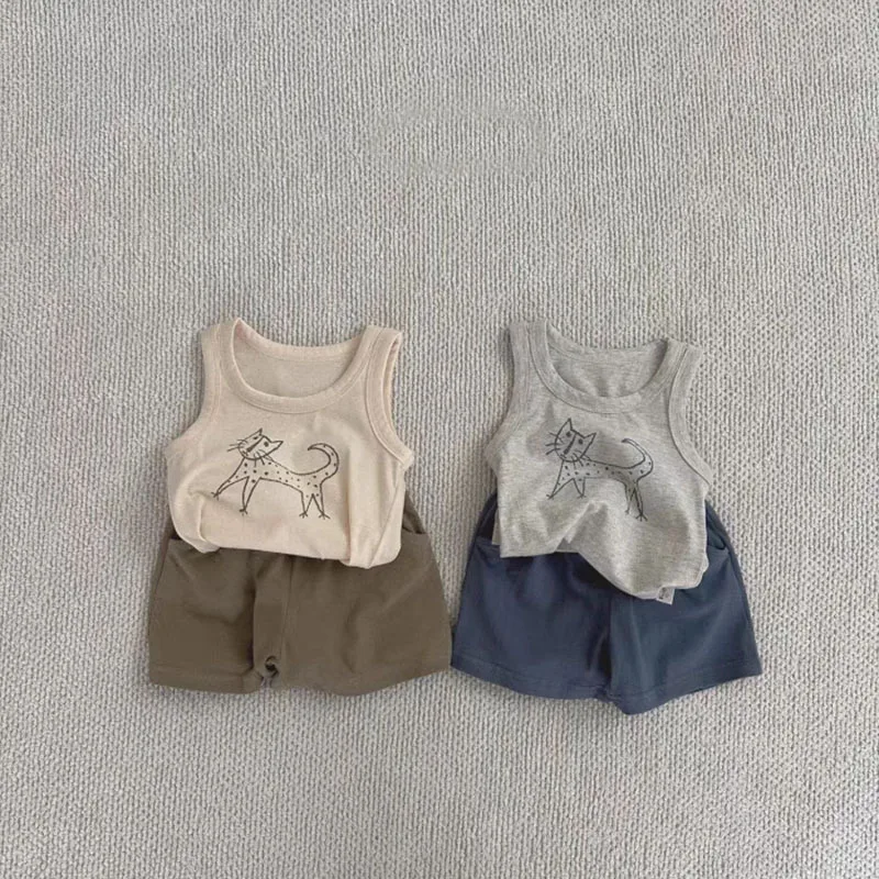 

2023 Summer New Baby Sleeveless Clothes Set Infant Girl Cute Cartoon Print Vest 2pcs Set Toddler Boy Shorts Suit Baby Outfits