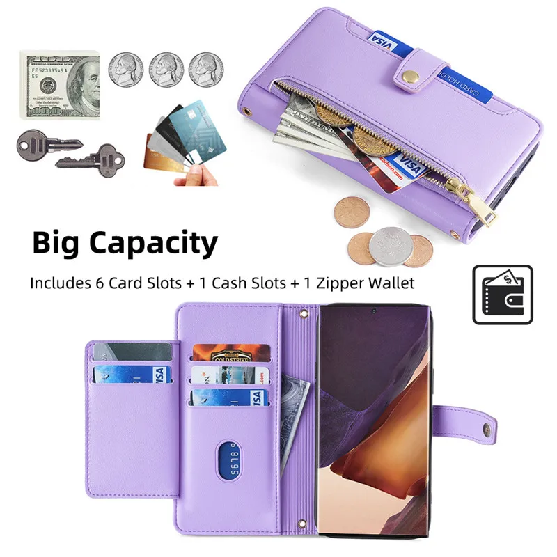 Flip Leather Case For Samsung Galaxy S23 S22 S21 S20 S10 S9 S8 Plus S21 FE Note 10 20 Ultra Zipper Wallet Stand Shoulder Cover