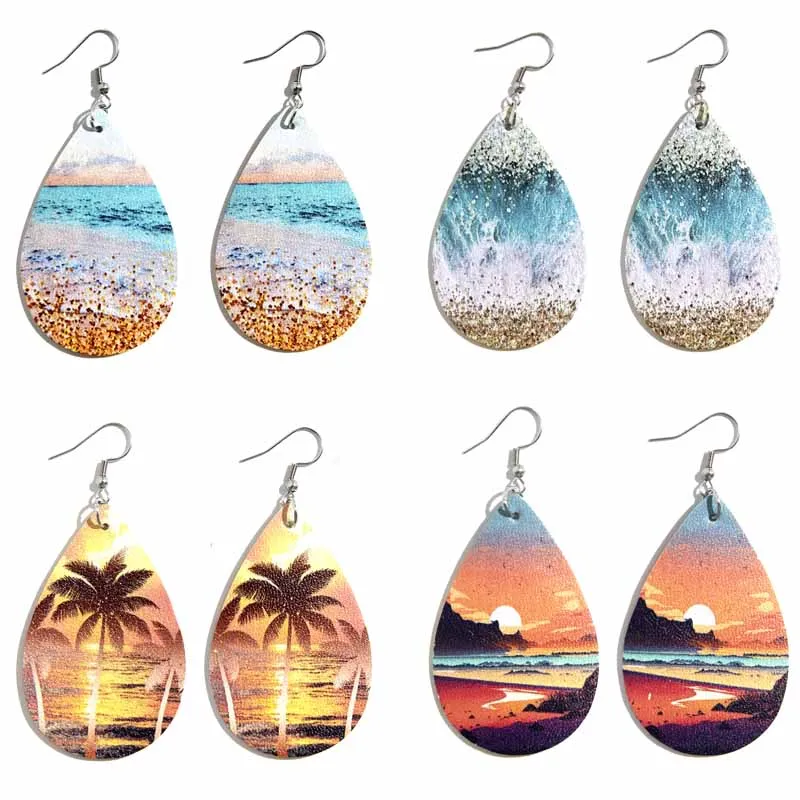 

Hawaii Beach Holiday Summer Leather Earrings Fashion Landscape Coconut Tree Beach Gravel Sunset Print Women's Jewelry Gift