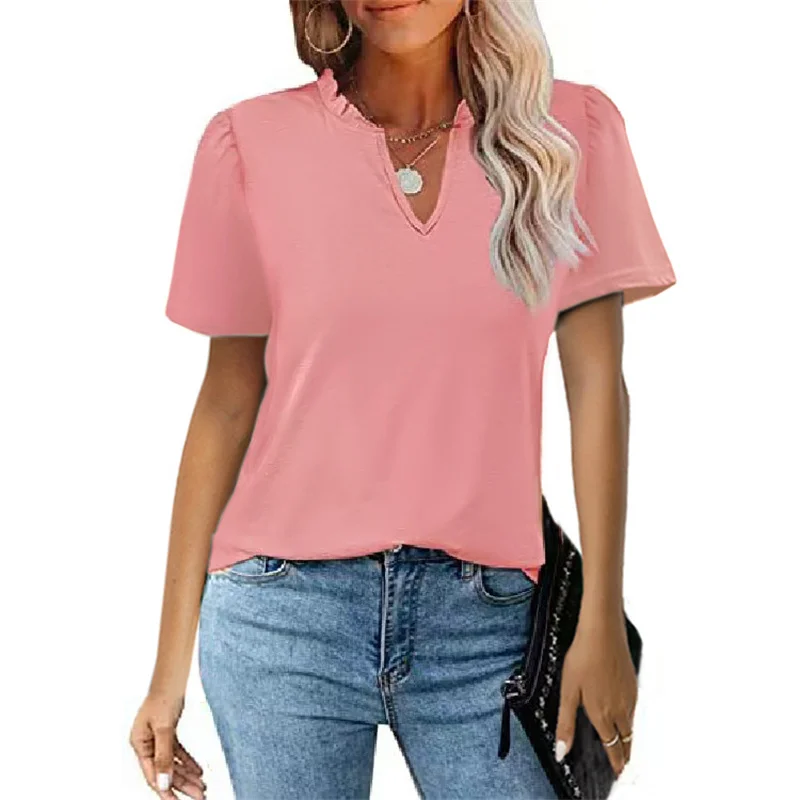 

Elegant Wooden Ear Trim V-neck Pleated Short Sleeve T-shirt Women Spring Summer Daily Casual Basic Tops Solid Color Female Tees