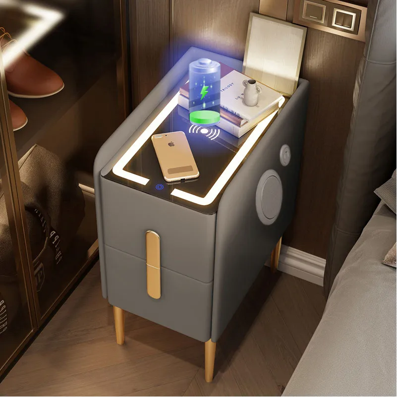 

Ultra-Narrow Smart Bedside Table Modern Style Wireless Charging Bluetooth Nightstands Multi-Functional Wood Side Table
