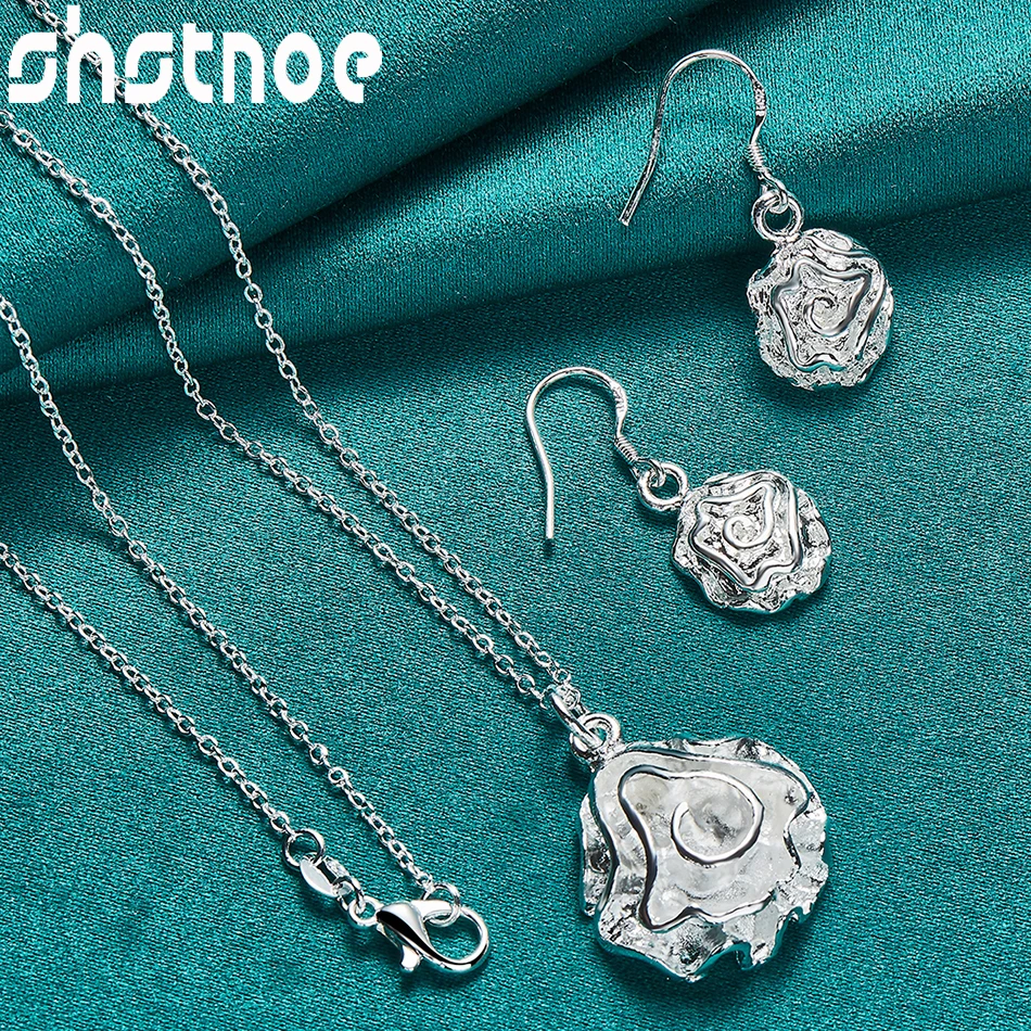 

2pcs 925 Sterling Silver Pendant Necklace Earring For Woman Birthday Gift Bridal Wedding Noble Rose Flower Series Jewelry Sets