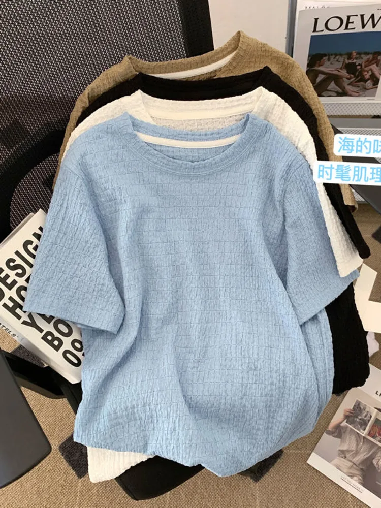 

Summer Korean Shirring Loose T-shirt Female Solid Color Short Sleeve Tshirt Women Soft Korean Style Fashion Chic Tops