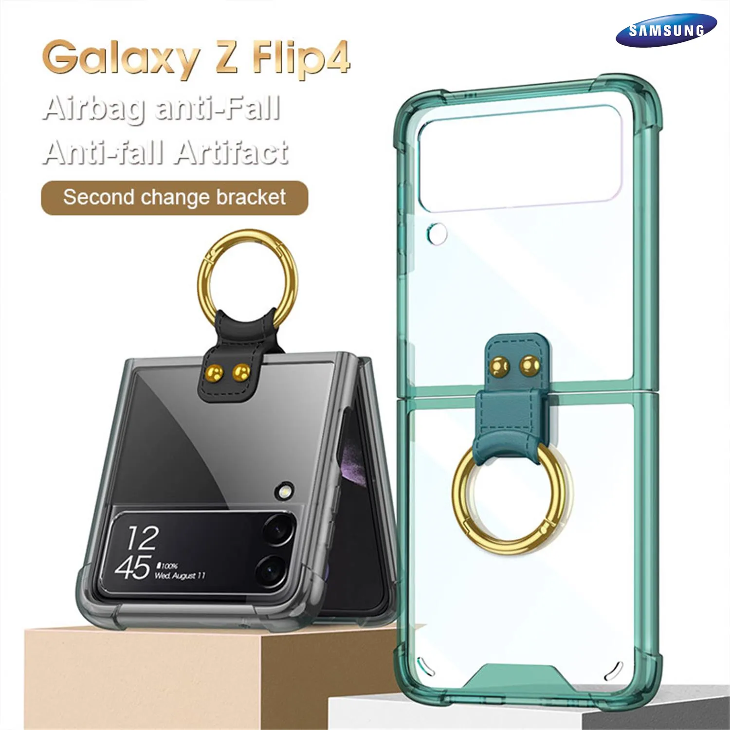

Transparent Case For Samsung Galaxy Z Flip4 Phantom Ring Stand Airbag Bracket For Flip4 With Holder Anti-drop Cover New Funda