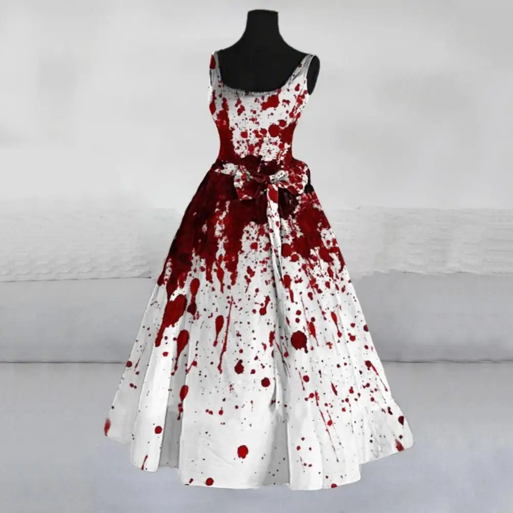 

Lady A-line Dress Ghostly Halloween Dress A-line Flared Tunic with Print Belted Cosplay Costume for Women Wedding Guest Attire
