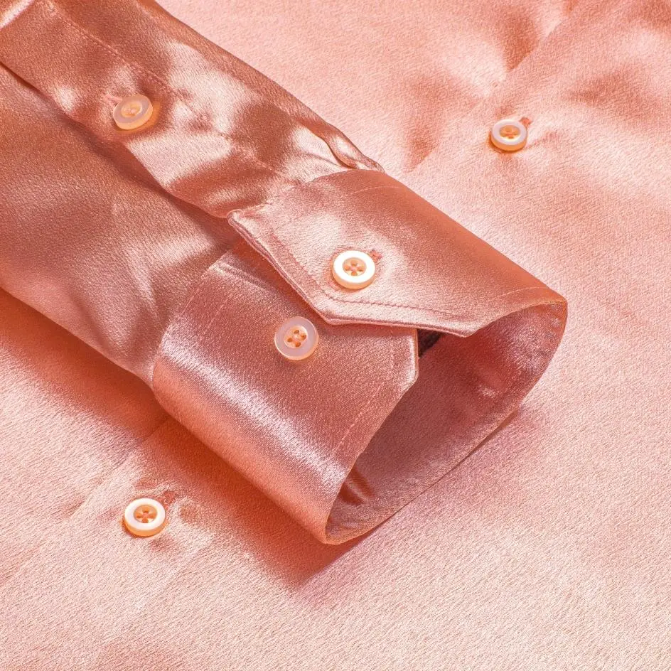 Hi-Tie Luxury Plain Silk Mens Dress Shirts Long Sleeve Pure Coral Pink Solid Satin Suit Shirt Casual Formal for Wedding Business