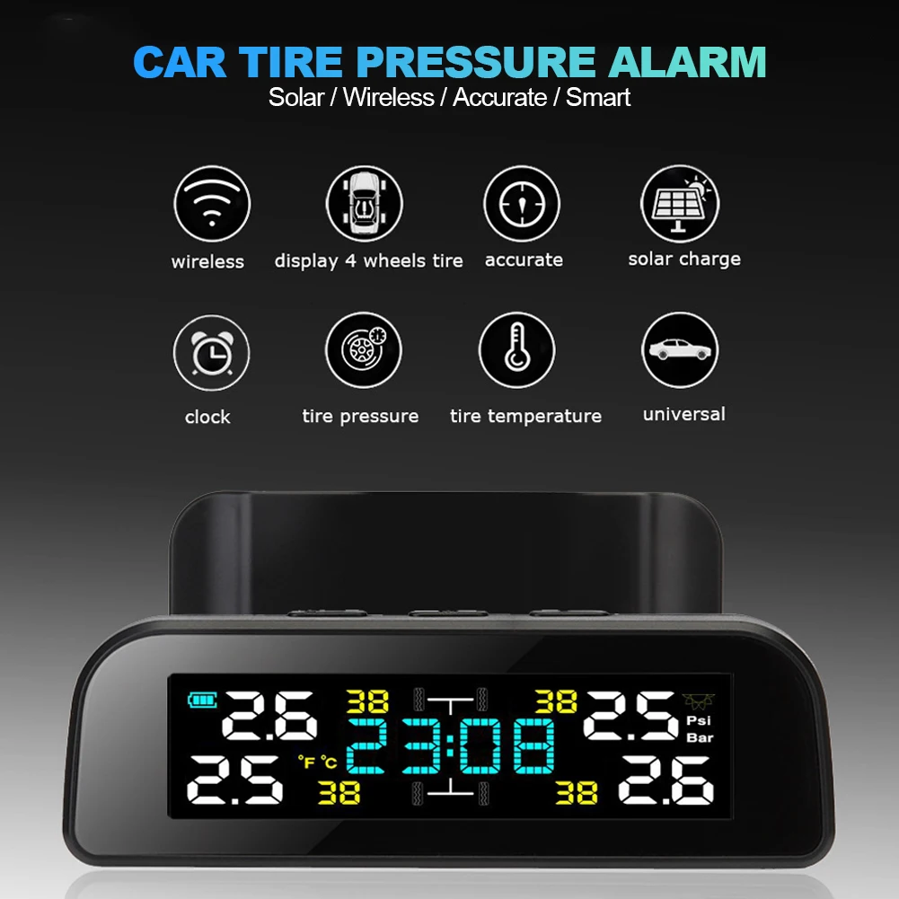 

Car TPMS Tire Pressure Alarm Monitor System Temperature Warning Fuel Save Display Attached 4 External Sensors wireless Solar