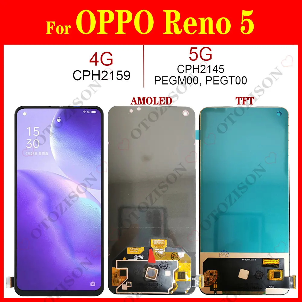 Для OPPO Reno5 5G CPH2145 ЖК-дисплей с рамкой 4G CPH2159 сенсорный экран дигитайзер в сборе Reno 5 PEGM00 PEGT00 Замена
