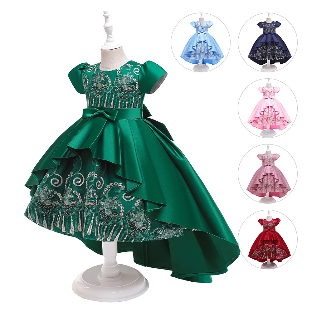 

Girls' Dress Cross Border Satin Embroidery Tail Dress Children's Show Host Princess Dress Korean Baby Clothes