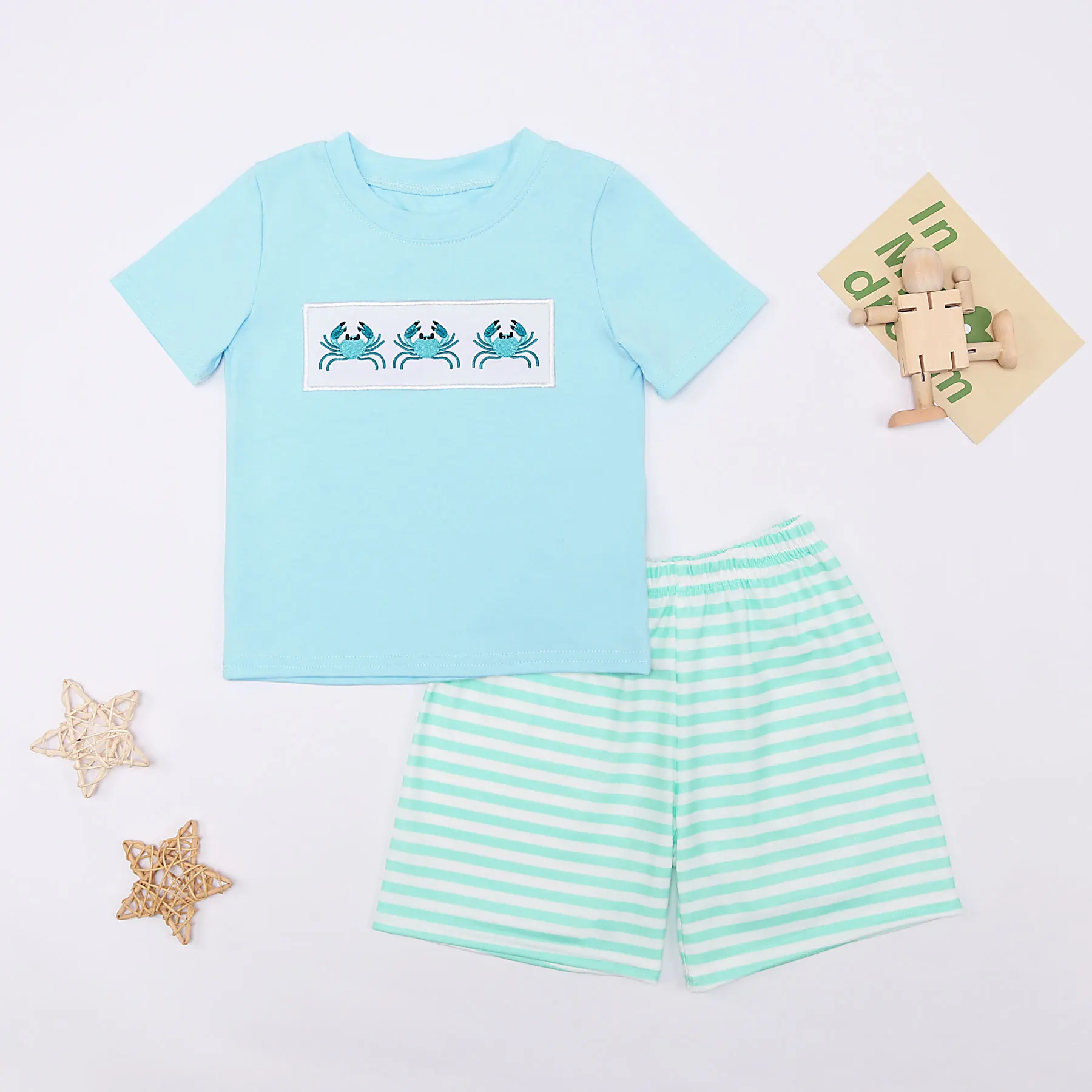 

Baby Boys Bluey Clothes Set Crab Embroidery Bodysuit Children's Stripes T-shirts Suit Toddler Shorts Kids Clothing 1-8T Outfits