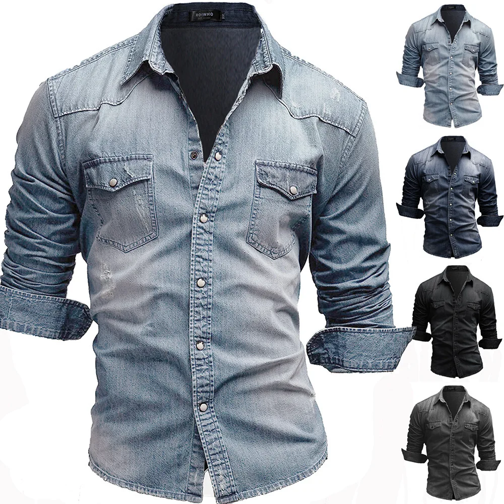 

2022 New Spring and Autumn Simple Fashionable Retro Long-Sleeved Denim Shirt Men's Casual Shirt long sleeve shirt streetwear