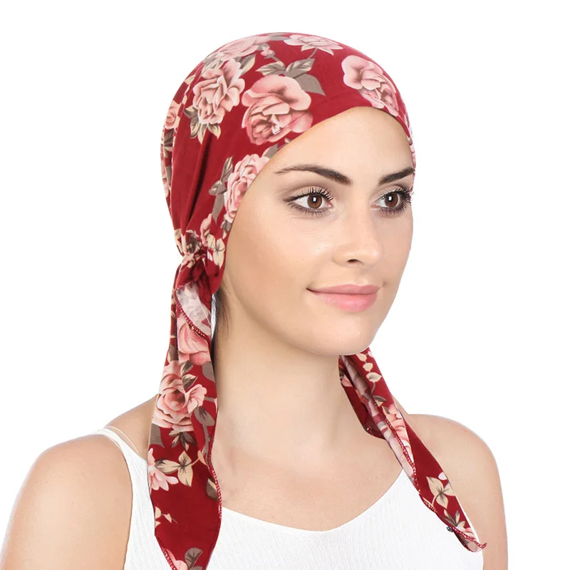 Elegant Floral Headscarf Fashion Printed Women Inner Hijab Caps Muslim Cap Chemo Bonnet Solid Color Head Wraps Ladies Headwear