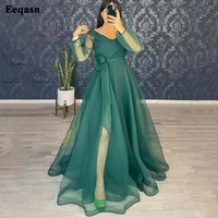 eeqasn a line green organza prom dresses long sleeves formal party gowns side slit floor length evening dress for women pageant