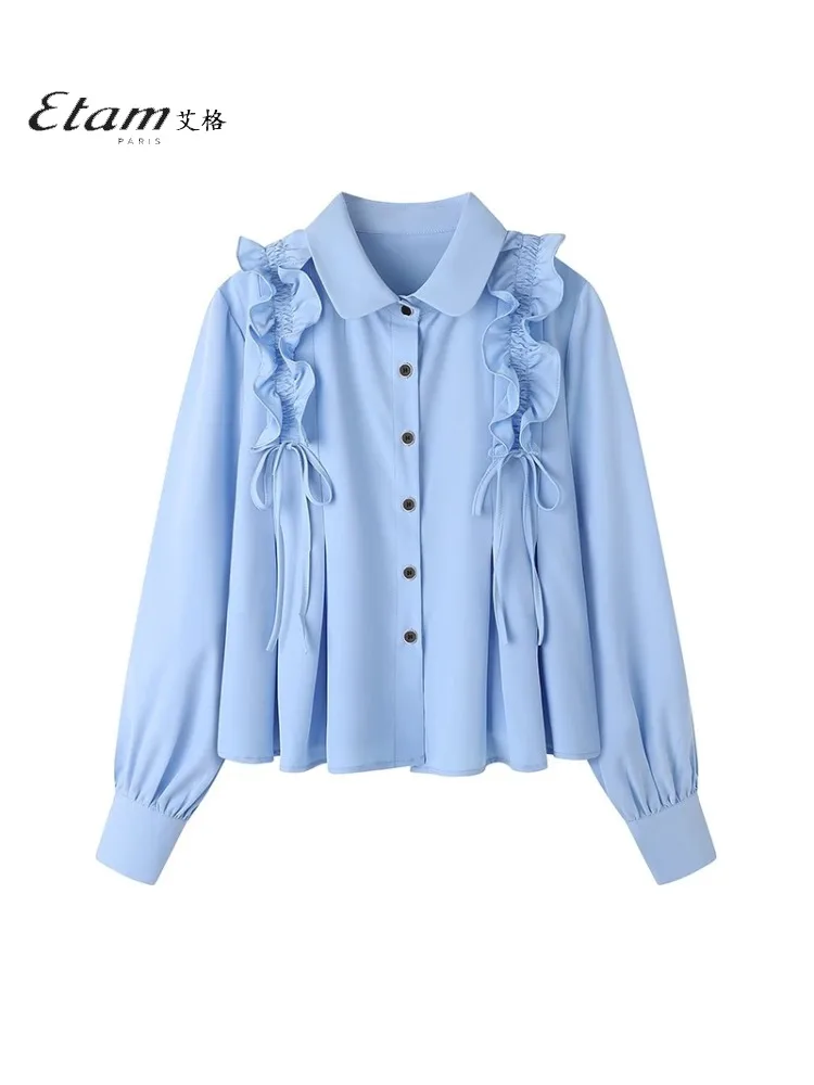 Aige Etam Shirts Women 2024 New Spring and Autumn French sle White Long sleeve Design Sense Leisure Top Blue