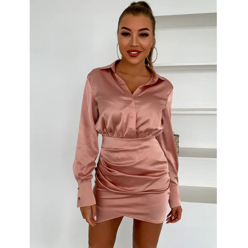 

Evaquenn Satin Patchwork Full Sleeve Mini Dress Women High Waist Autumn Bodycon Dresses V Neck Soft Sexy Party Autumn Vestidos