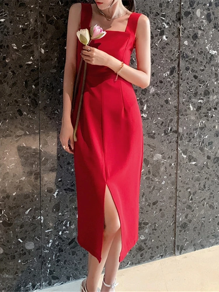 

Summer Women Sexy Spaghetti Strap Dresses Backless Split Slim Midi Dress Female Casual Beach Holiday Vestidos