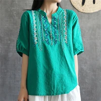 simple shirt womens loose v neck slub cotton embroidery top womens summer retro cotton linen short sleeved t shirt
